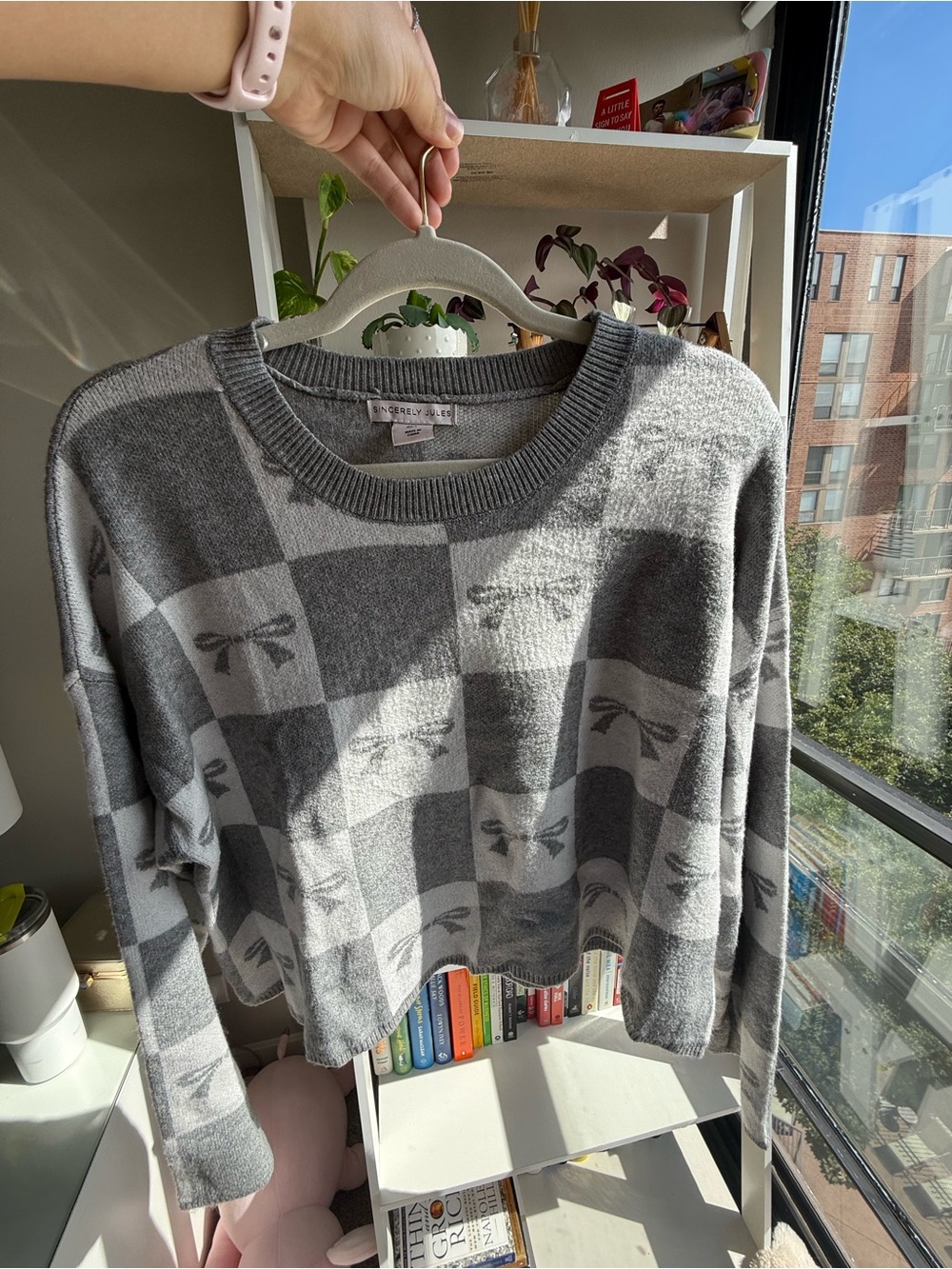 Sincerely Jules Gray Checkered Bow-Print Crewneck Sweater